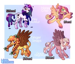 Size: 2000x1695 | Tagged: safe, artist:seasemissary, derpibooru import, oc, oc:ginger snaps, oc:grace elegance, oc:honey crisp, oc:inky auteur, unofficial characters only, hippogriff, hybrid, pegasus, pony, braid, colored pupils, female, hair over one eye, image, interspecies offspring, kirin hybrid, magical lesbian spawn, mare, offspring, parent:autumn blaze, parent:big macintosh, parent:gilda, parent:greta, parent:princess cadance, parent:princess celestia, parent:sugar belle, parents:autumnlestia, parents:cadmac, parents:gildance, parents:gretabelle, png, ribbon, unshorn fetlocks