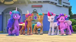 Size: 2732x1535 | Tagged: safe, derpibooru import, screencap, hitch trailblazer, izzy moonbow, pipp petals, sunny starscout, zipp storm, alicorn, earth pony, pegasus, pony, unicorn, my little pony: a new generation, my little pony: make your mark, spoiler:g5, spoiler:my little pony: make your mark, alicornified, artificial horn, artificial wings, augmented, confused, dragon egg, egg, female, g5, holding, horn, image, jpeg, looking at each other, looking at someone, magic, magic horn, magic wings, male, mane five (g5), mare, race swap, raised hoof, smiling, stallion, standing, sunnycorn, wings