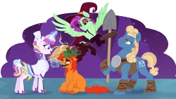 Size: 1280x720 | Tagged: safe, artist:maybehawthorn, derpibooru import, rockhoof, sapphire shores, oc, oc:aurora blaze, oc:glitter glow, oc:ignis, oc:smoky quartz, unofficial characters only, earth pony, pegasus, pony, unicorn, clothes, colt, costume, crossdressing, face paint, female, foal, halloween, halloween costume, hat, holiday, image, male, mare, png, rockhoof's shovel, shovel, stallion, teenager, unamused, witch, witch hat