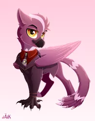 Size: 3300x4200 | Tagged: safe, artist:rainbowfire, derpibooru import, rarity, oc, unofficial characters only, gryphon, :3, :d, :p, beak, business suit, claws, clothes, cute, feather, grin, heart, image, looking at you, male, necktie, open mouth, open smile, pink background, png, purple, shirt, simple background, smiling, solo, spread wings, suit, tongue out, tuxedo, wings, yellow eyes