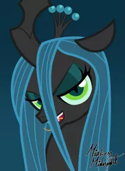 Size: 1487x2048 | Tagged: safe, artist:mistress midnight, derpibooru import, queen chrysalis, changeling, changeling queen, antagonist, bust, canterlot wedding 10th anniversary, evil grin, female, forked tongue, gradient background, grin, image, lidded eyes, looking at you, png, sharp teeth, show accurate, signature, slit pupils, smiling, solo, teeth