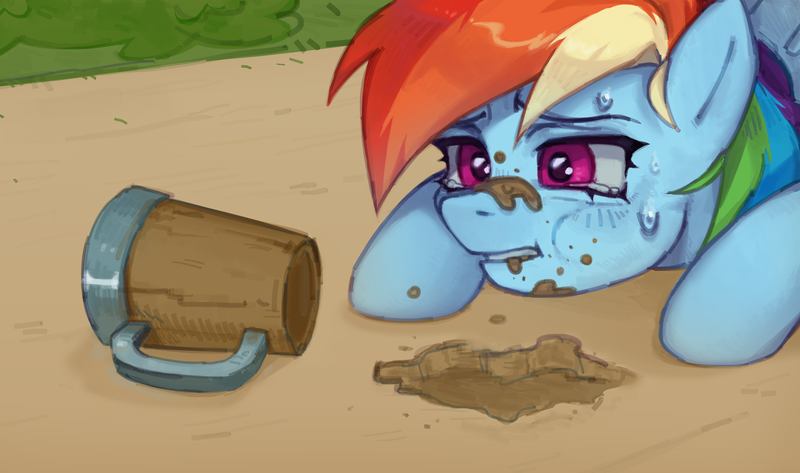 Size: 3800x2248 | Tagged: safe, artist:oops pio, derpibooru import, rainbow dash, pegasus, pony, the super speedy cider squeezy 6000, crying, cup, dirt, earth, eating, eating dirt, female, image, mare, mud, png, sad, scene interpretation, screenshot redraw, simple background, solo, sweat, sweatdrops, teary eyes, wings