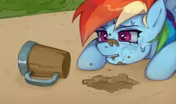 Size: 3800x2248 | Tagged: safe, artist:oops pio, derpibooru import, rainbow dash, pegasus, pony, the super speedy cider squeezy 6000, crying, cup, dirt, earth, eating, eating dirt, female, image, mare, mud, png, sad, scene interpretation, screenshot redraw, simple background, solo, sweat, sweatdrops, teary eyes, wings