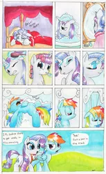 Size: 929x1517 | Tagged: safe, artist:kittyhawk-contrail, derpibooru import, rainbow dash, rarity, bath, bed, bed mane, brush, cloud, cloudy, comic, glowing horn, high quality, horn, image, mirror, morning ponies, png, sleeping, slice of life, toothbrush