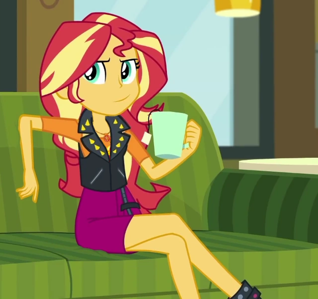 Size: 640x601 | Tagged: safe, derpibooru import, edit, edited screencap, screencap, sunset shimmer, equestria girls, equestria girls series, text support, clothes, coffee mug, image, leather, leather vest, looking at you, lounge chair, mug, png, sitting, solo, text support: sunset shimmer, vest