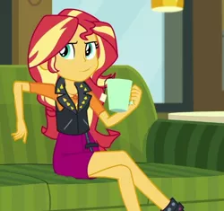 Size: 640x601 | Tagged: safe, derpibooru import, edit, edited screencap, screencap, sunset shimmer, equestria girls, equestria girls series, text support, clothes, coffee mug, image, leather, leather vest, looking at you, lounge chair, mug, png, sitting, solo, text support: sunset shimmer, vest