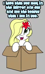 Size: 1902x3132 | Tagged: safe, artist:trash anon, ponybooru import, oc, oc:epithumia, unofficial characters only, earth pony, pony, blonde, blonde mane, box, earth pony oc, english, flower, flower in hair, green eyes, image, inspirational, png, smiling, text