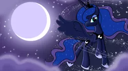 Size: 6488x3645 | Tagged: safe, artist:trash anon, ponybooru import, princess luna, alicorn, pony, cloud, female, flying, image, jewelry, looking at you, mare, moon, night, png, regalia, solo, stars