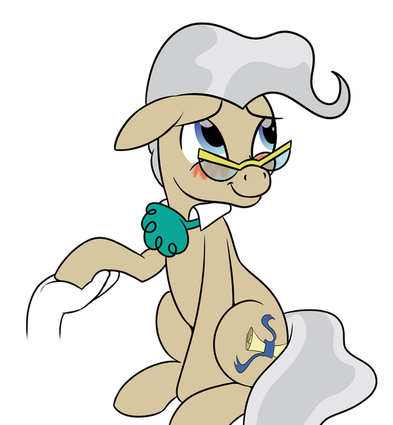 Size: 3728x4031 | Tagged: safe, artist:trash anon, ponybooru import, mayor mare, earth pony, pony, blushing, disembodied hand, embarrassed, female, floppy ears, glasses, hand, holding hooves, hoof hold, image, mare, offscreen character, png, simple background, sitting, smiling, solo focus, white background, wholesome