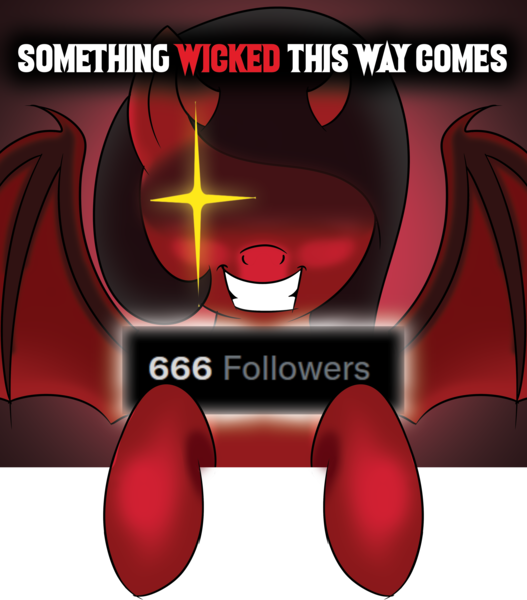 Size: 4000x4558 | Tagged: safe, artist:trash anon, ponybooru import, oc, oc:sinful delight, unofficial characters only, demon, demon pony, original species, succubus, 666, demon wings, devil horns, follower count, image, looking at you, png, smiling, smiling at you, text, wings