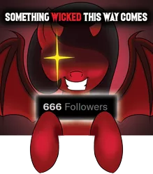 Size: 4000x4558 | Tagged: safe, artist:trash anon, ponybooru import, oc, oc:sinful delight, unofficial characters only, demon, demon pony, original species, succubus, 666, demon wings, devil horns, follower count, image, looking at you, png, smiling, smiling at you, text, wings