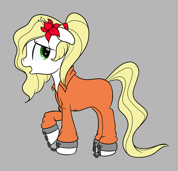 Size: 2206x2122 | Tagged: safe, artist:trash anon, ponybooru import, oc, oc:epithumia, unofficial characters only, earth pony, pony, clothes, cuffed, cuffs, earth pony oc, female, floppy ears, flower, flower in hair, image, long tail, looking at you, mare, never doubt rainbowdash69's involvement, one hoof raised, open mouth, png, ponytail, prison outfit, prisoner, profile, shackles, side view, simple background, solo