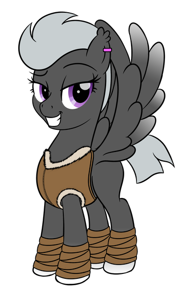 Size: 1762x2734 | Tagged: safe, artist:trash anon, ponybooru import, oc, oc:silverstring, unofficial characters only, pegasus, pony, ear piercing, earring, female, grin, image, jewelry, leather armor, looking at you, mare, pegasus oc, piercing, png, simple background, smiling, smiling at you, white background, wings