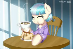 Size: 2932x1984 | Tagged: safe, artist:vinilyart, derpibooru import, coco pommel, earth pony, pony, blueberry, chocolate, food, hot chocolate, image, maple syrup, marshmallow, pancakes, png, solo, whipped cream