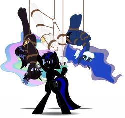 Size: 1024x968 | Tagged: suggestive, artist:billy2345, derpibooru import, princess celestia, princess luna, oc, oc:nightswift, alicorn, pony, unicorn, bondage, bound and gagged, cloth gag, colt, female, foal, gag, hanging, hanging upside down, image, looking at each other, looking at someone, male, mare, png, rope, rope bondage, simple background, tape, tape gag, tied up, transparent background, upside down