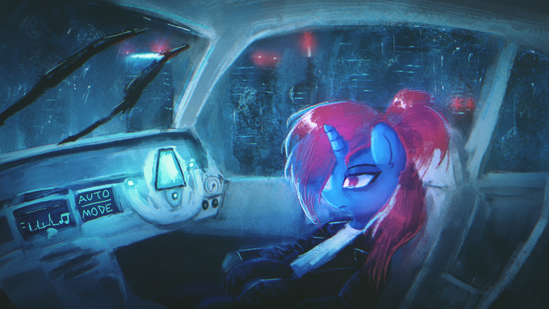 Size: 1920x1080 | Tagged: safe, artist:menalia, derpibooru import, oc, oc:niroh fatal, unofficial characters only, cyborg, pony, unicorn, car, city, clothes, cyberpunk, female, flying car, gloves, image, jacket, leather jacket, mare, night, pants, png, rain, shirt, shoes, sitting, t-shirt, tired, wallpaper