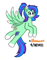 Size: 449x572 | Tagged: safe, artist:bloonacorn, derpibooru import, oc, oc:star breeze, unofficial characters only, pegasus, pony, coat markings, ear fluff, facial markings, female, flying, full body, hooves, image, mare, pegasus oc, png, ponytail, signature, simple background, smiling, snip (coat marking), socks (coat marking), solo, spread wings, tail, transparent background, two toned mane, two toned tail, wings