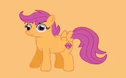 Size: 1024x640 | Tagged: safe, artist:mariosonicfan16, derpibooru import, scootaloo, pegasus, pony, female, filly, foal, full body, happy, hooves, image, jpeg, looking at you, orange background, simple background, smiling, smiling at you, solo, spread wings, standing, tail, wings