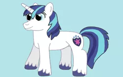 Size: 1024x640 | Tagged: safe, artist:mariosonicfan16, derpibooru import, shining armor, pony, unicorn, blue background, full body, hooves, horn, image, jpeg, male, simple background, smiling, solo, stallion, standing, tail, unshorn fetlocks