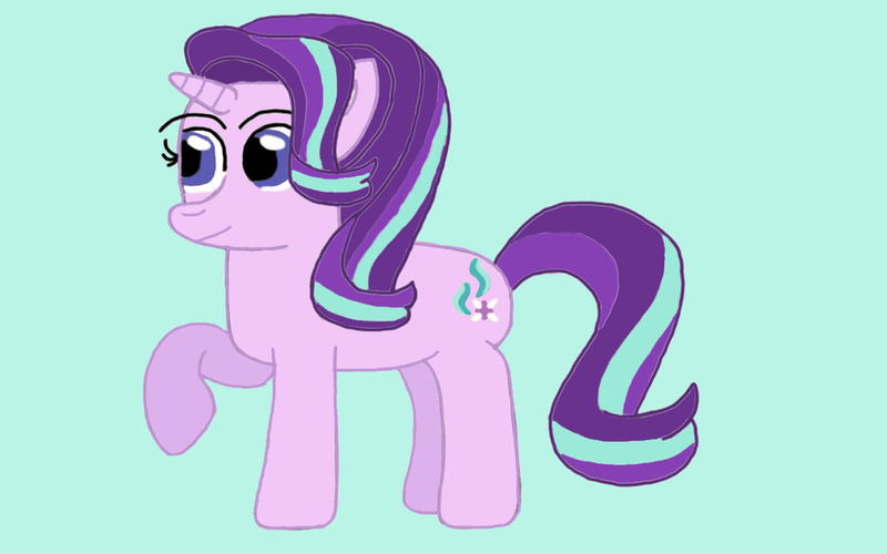 Size: 1024x640 | Tagged: safe, artist:mariosonicfan16, derpibooru import, starlight glimmer, pony, unicorn, blue background, female, full body, happy, hooves, horn, image, jpeg, looking at someone, looking at something, mare, raised hoof, simple background, smiling, solo, standing, tail