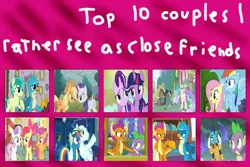 Size: 1024x686 | Tagged: safe, artist:mariosonicfan16, derpibooru import, apple bloom, applejack, discord, fluttershy, gallus, princess celestia, princess ember, rainbow dash, rarity, sandbar, scootaloo, smolder, soarin', spike, starlight glimmer, sweetie belle, twilight sparkle, twilight sparkle (alicorn), alicorn, couple, cutie mark crusaders, female, flutterdash, image, jpeg, lesbian, male, rarijack, shipping, soarindash, straight, top 10