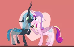 Size: 1920x1236 | Tagged: safe, artist:soccy, derpibooru import, princess cadance, queen chrysalis, cadalis, canterlot wedding 10th anniversary, clothes, dress, female, heart, holding hooves, hoof ring, image, infidelity, jewelry, jpeg, kissing, lesbian, looking at each other, looking at someone, nose kiss, pink background, ring, shipping, simple background, wedding dress, wedding ring