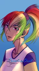 Size: 591x1073 | Tagged: safe, artist:rittaruzira, derpibooru import, edit, rainbow dash, human, bust, cropped, female, gradient background, humanized, image, png, solo