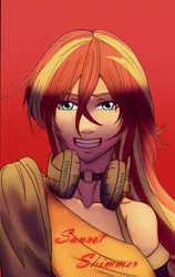 Size: 684x1080 | Tagged: safe, artist:rittaruzira, derpibooru import, edit, sunset shimmer, human, bust, cropped, female, gradient background, grin, headphones, humanized, image, png, smiling, solo