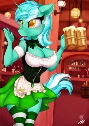 Size: 2123x3000 | Tagged: safe, artist:stainedglasslighthea, derpibooru import, lyra heartstrings, anthro, plantigrade anthro, unicorn, alcohol, bar maid, barrel, beer, big breasts, blowing a kiss, blushing, bottle, breasts, busty lyra heartstrings, choker, cleavage, clothes, commission, corset, ear fluff, erect nipples, glass, holiday, horn, image, lamp, looking to side, markings, nipple outline, one eye closed, png, saint patrick's day, signature, skirt, socks, solo, stockings, tail, thigh highs, ych example, your character here