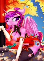 Size: 2515x3500 | Tagged: safe, artist:stainedglasslighthea, derpibooru import, princess cadance, alicorn, anthro, plantigrade anthro, pony, absolute cleavage, blushing, boob window, breasts, cheongsam, chinese new year, cleavage, clothes, commission, cute, dress, ear fluff, evening gloves, eyebrows, eyelashes, female, floppy ears, gloves, high heels, high res, horn, image, kneeling, long gloves, looking at something, mare, open mouth, open smile, png, ponytail, purple eyes, shoes, shoulderless, smiling, socks, solo, stockings, tail, tail hole, thigh highs, ych example, year of the tiger, your character here