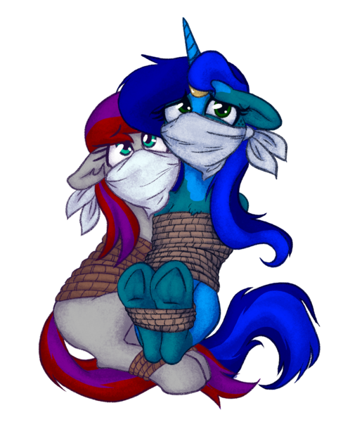 Size: 1280x1573 | Tagged: safe, artist:mati0la, derpibooru import, oc, oc:amberlue, oc:amy bolt, pony, cloth gag, female, gag, help, image, looking at you, mare, png, scared, tied up, together, worried