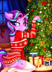 Size: 1574x2200 | Tagged: suggestive, artist:stainedglasslighthea, derpibooru import, starlight glimmer, anthro, unicorn, ass, back, blushing, butt, christmas, christmas tree, clothes, commission, female, glimmer glutes, holiday, image, looking, png, present, smiling, socks, solo, solo female, stockings, sweater, thigh highs, tree, ych example, your character here