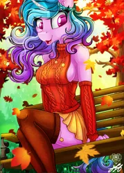 Size: 1574x2200 | Tagged: safe, artist:stainedglasslighthea, derpibooru import, izzy moonbow, anthro, pony, unicorn, autumn, bench, breasts, clothes, commission, evening gloves, eye clipping through hair, eyebrows, eyelashes, female, fingerless elbow gloves, fingerless gloves, g5, gloves, highlights, horn, image, leaves, long gloves, mare, open mouth, open smile, pleated skirt, png, ponytail, purple eyes, shoulder fluff, shoulderless, sideboob, sitting, skirt, smiling, socks, solo, stockings, thigh highs, thighs, ych example, your character here