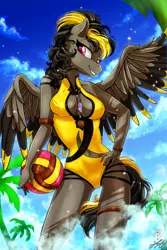 Size: 2000x2996 | Tagged: suggestive, artist:stainedglasslighthea, derpibooru import, oc, unofficial characters only, anthro, absolute cleavage, anthro oc, breasts, cleavage, cleavage window, clothes, female, image, one-piece swimsuit, palm tree, png, sports, spread wings, swimsuit, tree, volleyball, water, wings