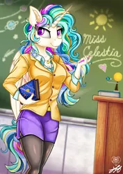 Size: 1413x1999 | Tagged: safe, artist:stainedglasslighthea, derpibooru import, princess celestia, alicorn, anthro, book, breasts, chalkboard, cleavage, clothes, commission, female, image, png, skirt, smiling, solo, teacher, ych example, your character here