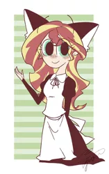 Size: 1212x1932 | Tagged: safe, artist:oc_ponys, derpibooru import, edit, sunset shimmer, human, equestria girls, abstract background, alternate hairstyle, animal ears, blushing, cat ears, clothes, cropped, cute, dress, ear fluff, eye clipping through hair, female, human coloration, humanized, image, nyanset shimmer, png, shimmerbetes, smiling, solo, waving