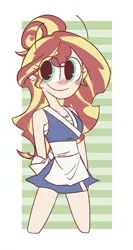 Size: 1024x1932 | Tagged: safe, artist:oc_ponys, derpibooru import, sunset shimmer, human, equestria girls, abstract background, alternate hairstyle, blushing, clothes, cute, dress, eye clipping through hair, female, hair bun, human coloration, humanized, image, png, shimmerbetes, smiling, solo, sunset sushi