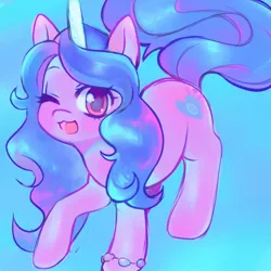 Size: 1400x1400 | Tagged: safe, artist:horseyuris, derpibooru import, izzy moonbow, pony, unicorn, blue background, blushing, bracelet, cute, female, floating, g5, image, izzybetes, jewelry, jpeg, looking at you, mare, one eye closed, open mouth, open smile, simple background, smiling, smiling at you, solo, wink, winking at you