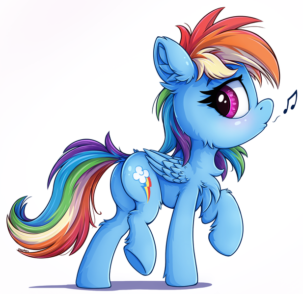 Size: 2000x1945 | Tagged: safe, artist:zeepheru_pone, derpibooru import, rainbow dash, pegasus, pony, blushing, butt, chest fluff, cute, dashabetes, dock, ear fluff, female, folded wings, image, looking at you, png, rainbutt dash, raised eyebrow, raised hoof, raised leg, simple background, solo, tail, whistling, white background, wings