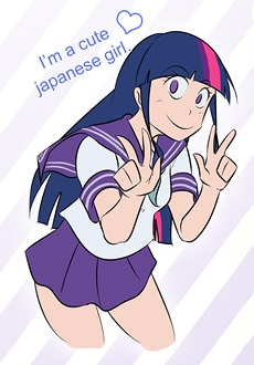 Size: 230x330 | Tagged: safe, artist:kibate, derpibooru import, edit, twilight sparkle, human, abstract background, anime, clothes, cropped, female, heart, humanized, image, japanese, moon runes, png, sailor uniform, schoolgirl, skirt, smiling, uniform, victory sign