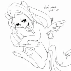 Size: 2000x2000 | Tagged: safe, artist:horseyuris, derpibooru import, fluttershy, pegasus, pony, blushing, cute, female, grayscale, hug, image, jpeg, lying down, mare, monochrome, pillow, shyabetes, side, sketch, sleepy, solo, spread wings, underhoof, unshorn fetlocks, wings