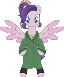 Size: 809x976 | Tagged: safe, artist:westrail642fan, derpibooru import, oc, oc:shooting star (r&f), unofficial characters only, pegasus, rise and fall, anastasia, bipedal, clothes, coat, colored wings, image, parent:oc:david wyne, parent:princess cadance, parents:canon x oc, png, ponytail, simple background, spread wings, transparent background, two toned wings, westrail642fan's cadance template, wings