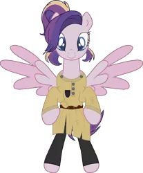 Size: 809x976 | Tagged: safe, artist:westrail642fan, derpibooru import, oc, oc:shooting star (r&f), unofficial characters only, pegasus, rise and fall, anastasia, belt, bipedal, clothes, colored wings, image, parent:oc:david wyne, parent:princess cadance, parents:canon x oc, png, ponytail, shirt, simple background, spread wings, transparent background, trousers, two toned wings, westrail642fan's cadance template, wings