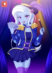 Size: 800x1131 | Tagged: safe, artist:uotapo, derpibooru import, trixie, equestria girls, card, clothes, coat, dress, female, hat, image, jpeg, magician, magician outfit, muffin top, socks, solo, stockings, thigh highs, top hat, wand