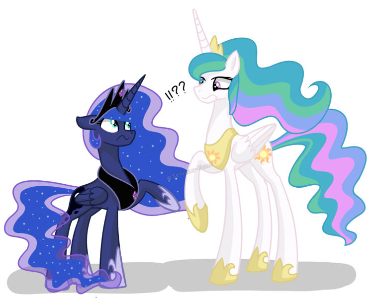 Size: 2113x1709 | Tagged: safe, artist:winter-scarf, derpibooru import, princess celestia, princess luna, alicorn, pony, :s, accessory swap, crown, exclamation point, female, hoof shoes, image, interrobang, jewelry, looking at each other, looking at someone, mare, necklace, png, question mark, raised hoof, regalia, simple background, swap, transparent background, wavy mouth