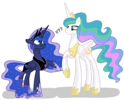 Size: 2113x1709 | Tagged: safe, artist:winter-scarf, derpibooru import, princess celestia, princess luna, alicorn, pony, :s, accessory swap, crown, exclamation point, female, hoof shoes, image, interrobang, jewelry, looking at each other, looking at someone, mare, necklace, png, question mark, raised hoof, regalia, simple background, swap, transparent background, wavy mouth