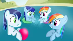 Size: 1280x720 | Tagged: safe, artist:mlplary6, derpibooru import, rainbow dash, soarin', oc, oc:blue skies, oc:speedy dash, pegasus, pony, ball, colt, family, female, filly, foal, image, male, mare, offspring, parent:rainbow dash, parent:soarin', parents:soarindash, png, pond, shipping, siblings, smiling, soarindash, stallion, straight, twins, water