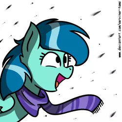 Size: 768x768 | Tagged: safe, artist:winter-scarf, derpibooru import, oc, oc:winter scarf, unofficial characters only, pegasus, pony, clothes, female, image, open mouth, pegasus oc, png, scarf, simple background, snow, snowfall, solo, striped scarf, white background, wings