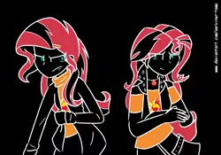 Size: 1336x935 | Tagged: safe, artist:winter-scarf, derpibooru import, sunset shimmer, equestria girls, black background, duality, duo, female, human sunset, image, png, simple background