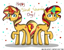 Size: 1259x986 | Tagged: safe, artist:winter-scarf, derpibooru import, sunset shimmer, pony, unicorn, duality, duo, female, glow, glowing horn, horn, image, open mouth, open smile, png, self paradox, self ponidox, smiling, sunset shimmer day